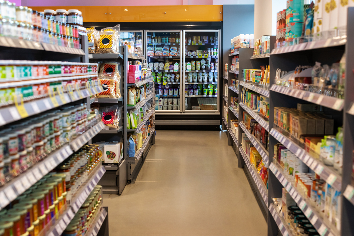 an aisle in a grocery store